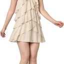 Juniors' Mini Glitter Lace Tiered Chiffon Dress W/Tie Neckline - Party, Homecoming or Special Occasion. (13, Champagne)