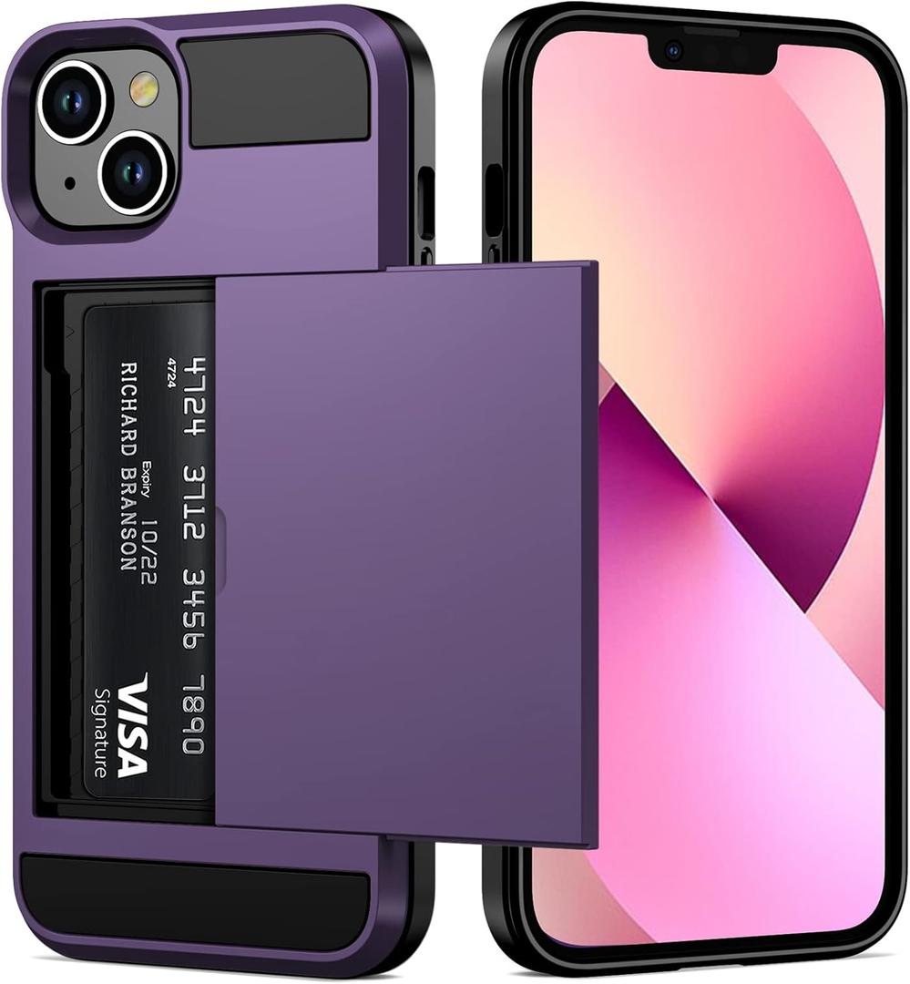 Vofolen for iPhone 13 Case Wallet Credit Card Holder ID Slot Sliding Door Hidden Pocket Men Women Anti-Scratch Dual Layer Hybrid Bumper Armor Protective Shell Back Cover 6.1 inch GreyPurple