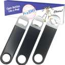 Flat Bottle Opener for Bartender - Beer Bottle Opener - Heavy Duty Stainless Steel - Vinyl Rubber Coated Handle - 3 Pack - Large - 7-Inch - Black
