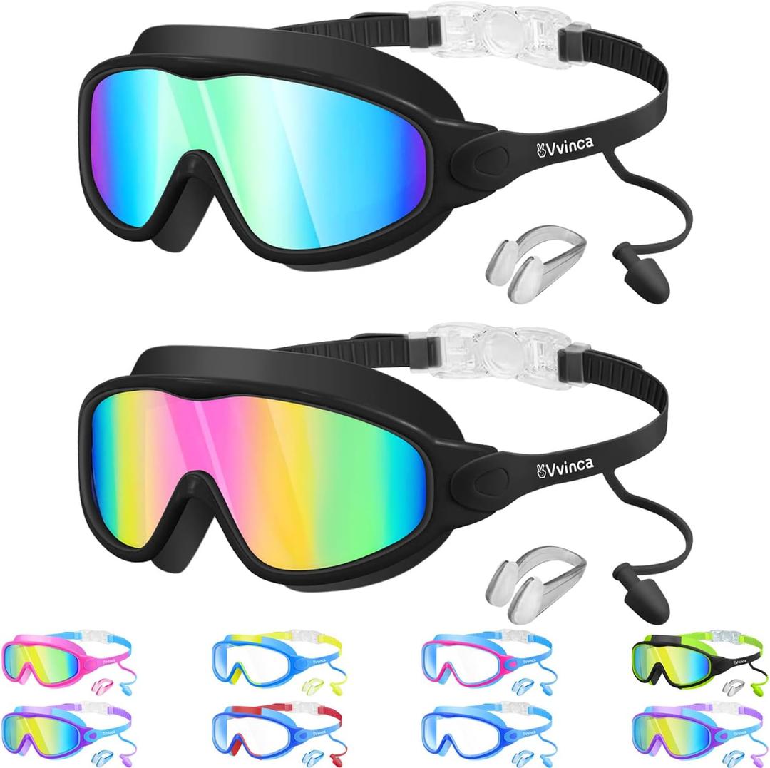 Vvinca Swim Goggles, Kids Goggles with Earplugs& Nose Clip Wide View Anti-Fog/UV Swimming Goggles for Age 3-15 Boys Girls (01-black)