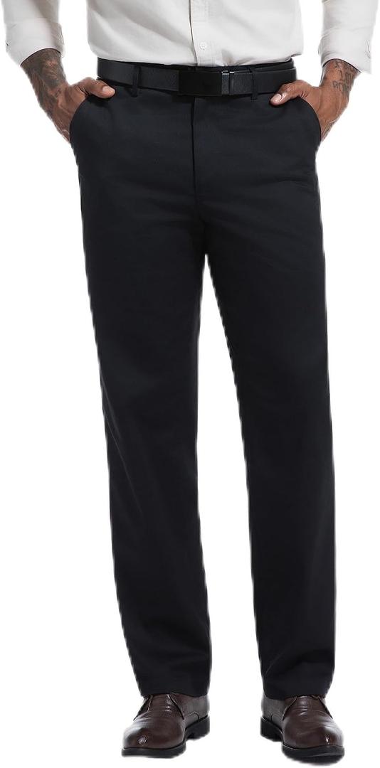 Mens Dress Pants Classic Fit Flat Front Hidden Expandable Waist No Iron Wrinkle Free Business Casual Formal Work to Weekend (Black, L)