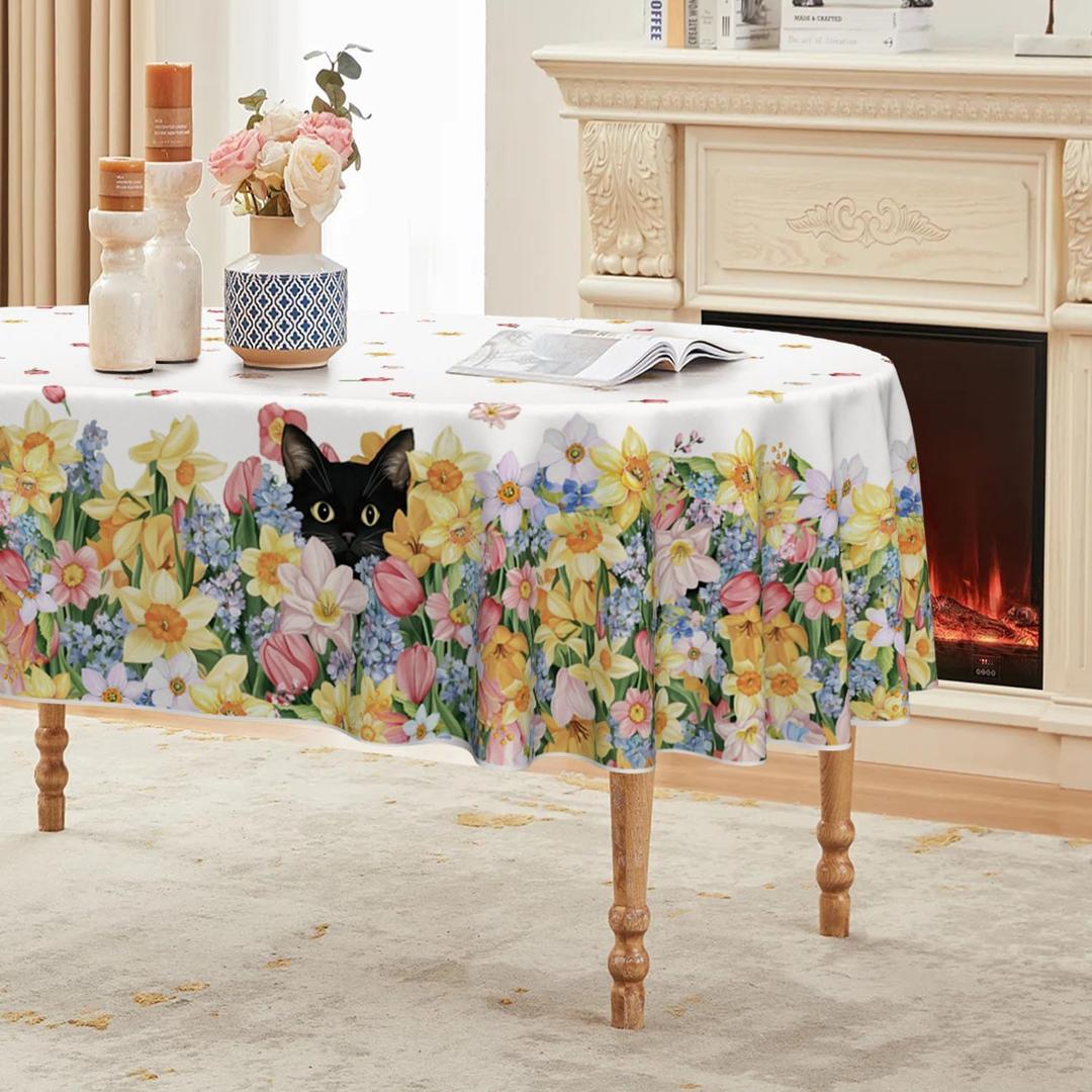 Horaldaily Spring Tablecloth 6084 Inch Oval, Orange Daffodils Narcissus Tulips Flower Cat Washable Seasonal Table Cover for Party Picnic Dinner Decor