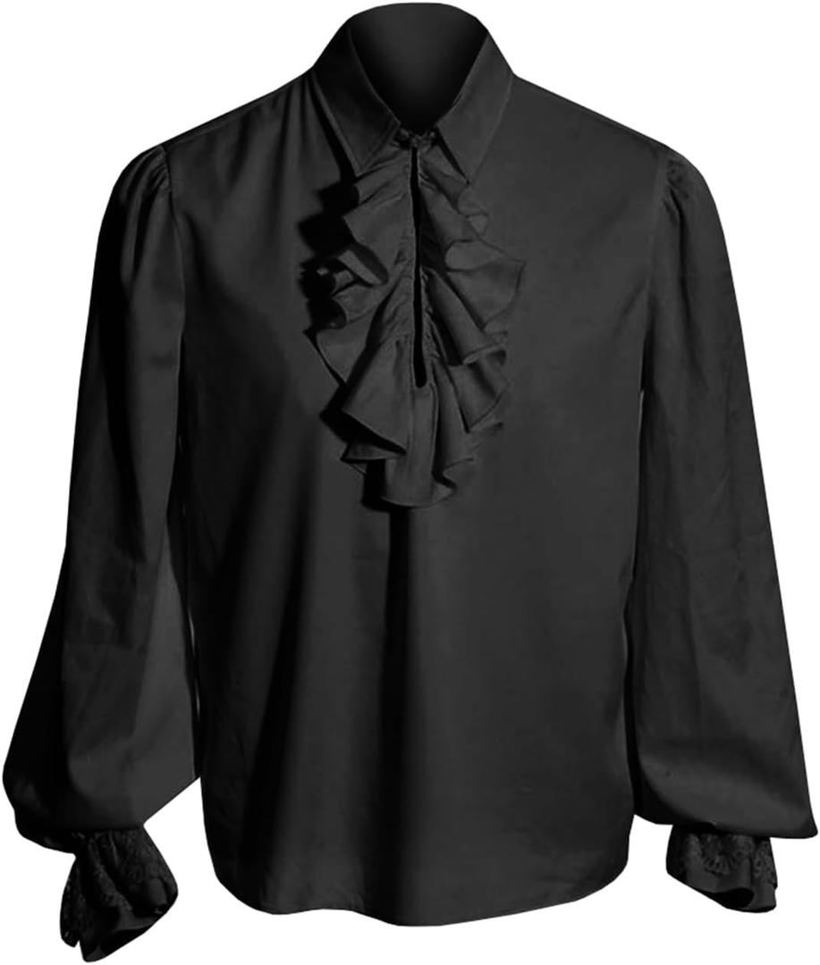 Bbalizko Mens Pirate Shirt Ruffle Victorian Renaissance Steampunk Vampire Poet Shirts Gothic Medieval Costume (Large, Black)