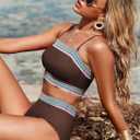 Herseas Women's 2 Pieces Bandeau Bikini Color Block Swimsuits 2025 Summer Off Shoulder High Waisted Bathing Suit (XXL)