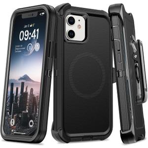 TUTUKII for iPhone 12 & 12 Pro Case with Belt Clip Holster, Anti-Shock, Anti-Slip, Compatible with MagSafe, 3-Layer Drop Protection, Heavy Duty Magnetic Phone Case Cover 12 6.1", Black
