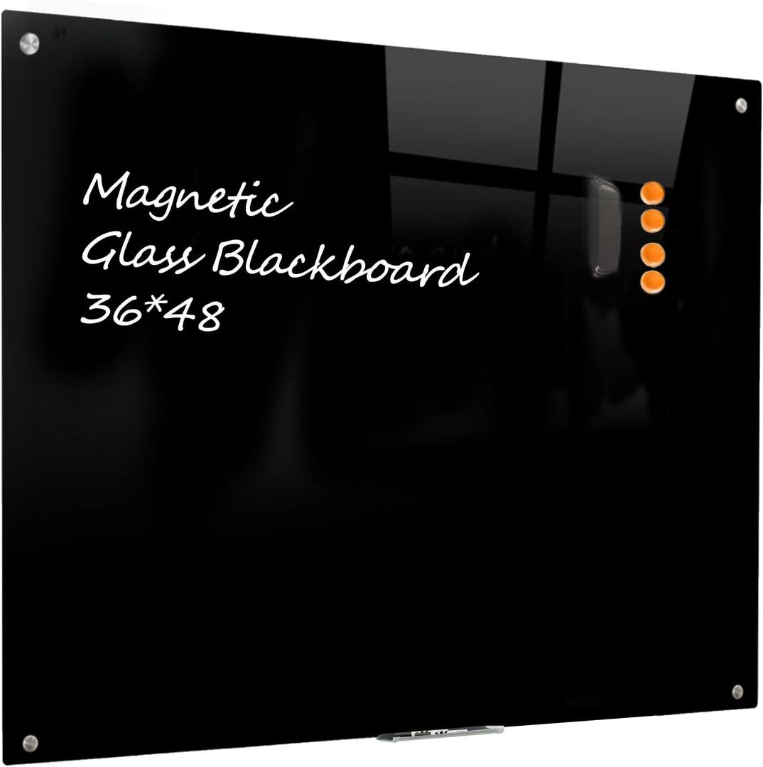 Glass Black Board Magnetic Dry Erase Board - Black Board 48 x 36 Inches Wall Mounted Glass Blackboard, Large Frameless Glass Black Board for Wall Office, Home & School