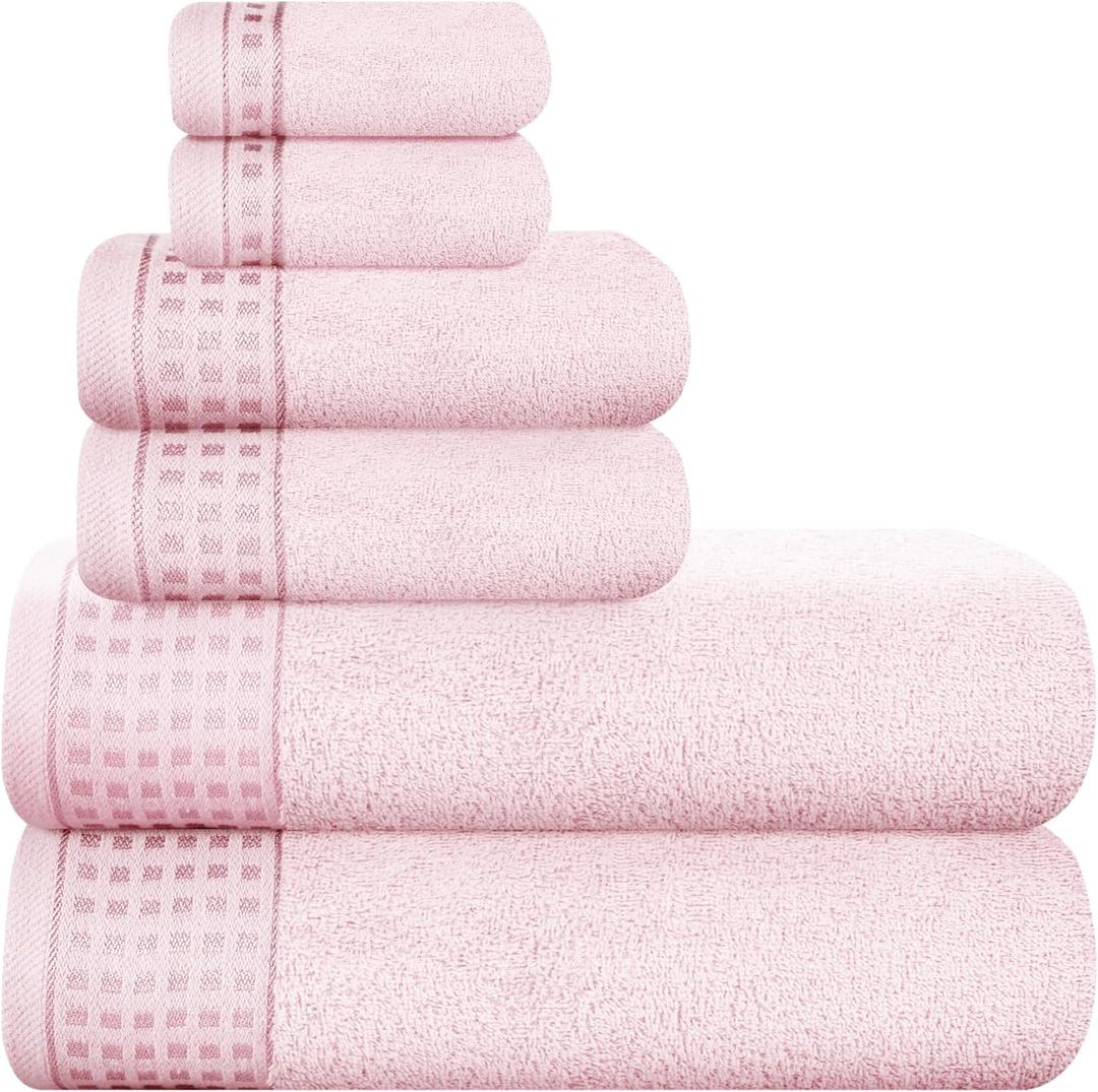 GLAMBURG 100% Cotton Ultra Soft 6 Pack Towel Set, Contains 2 Bath Towels 28x55 Inches, 2 Hand Towels 16x24 Inches & 2 Wash Coths 12x12 Inches, Compact Absorbent Lightweight & Quickdry - Pink