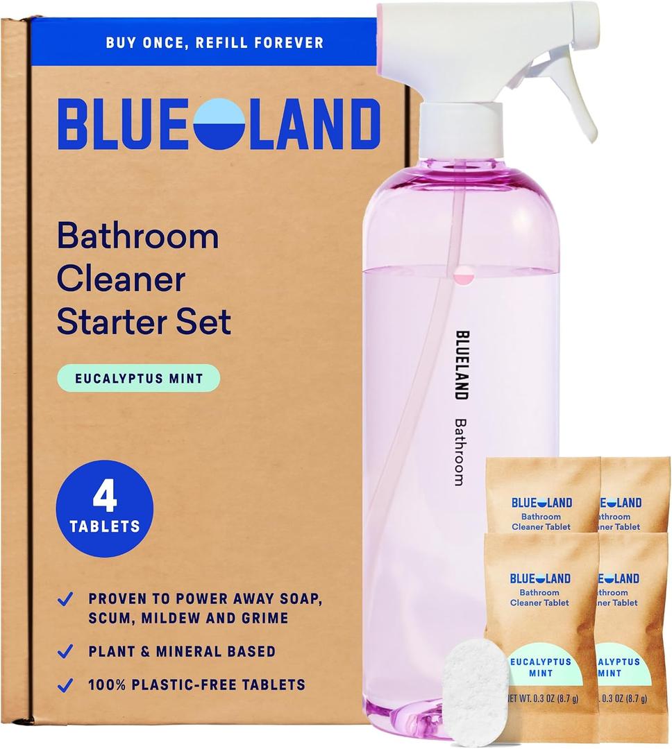BLUELAND Bathroom Spray Cleaner, Starter Set, Eucalyptus Mint 100% Plastic-Free Tablet, EPA Safer Choice, B Corp, Leaping Bunny, Plant & Mineral-Based, Removes Soap Scum, Mold & Mildew