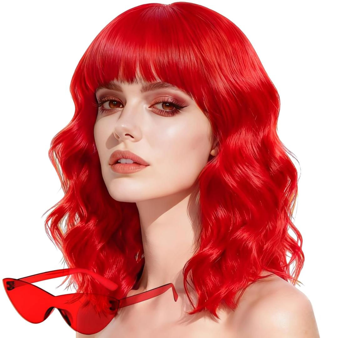 Red Wig and Sunglasses Set - 15 Inch Wavy Wig With Bangs - Heat Resistant Bob Wig - Short Curly Wavy Wig - Shoulder Length Wigs for Women - Bachelorette Party Costume Cosplay Wigs (Red)