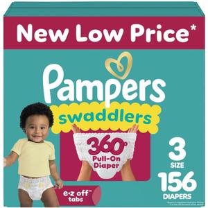 Pampers Diapers - Swaddlers 360° - Size 3, 156 Count, up to 100% Leakproof Comfy Dry Fit, Designed for Easy Changes, Pull On Baby Diaper