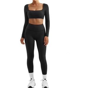 SUUKSESS Women 2 Piece Workout Sets Compression Tummy Control Leggings with Pockets Long Sleeve Square Neck Padded Crop Tops (Small, Black