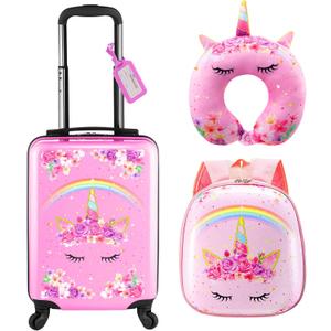 Sanwuta 4 Pcs Kids Luggage Set Kids Backpack Travel Rolling Suitcase with Wheels U-shape Pillow Childrens Gift for Girls Boys(17 Inch,Unicorn Rainbow Style,Pink)