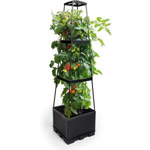 GENMOUS 3 Tiered Tomato Planter with Trellis for Small Climbing Vegetables Growing Plants, 45” Raised Garden Bed Planter Box Tomato Cage Tomato Planters for Patio Indoor Outdoor Vegetables （1 Pack）
