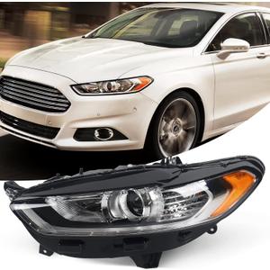 FIONE for Ford Fusion Headlight Assembly 2013 2014 2015 2016 Halogen Projector Headlamp Replacement Black Housing Clear Lens Head Light Chrome Front Lamp Left Driver Side LH DS7Z13008B