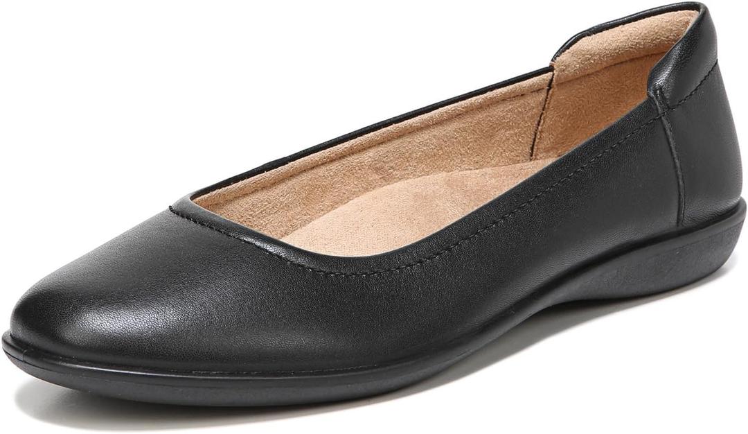 Naturalizer Womens Flexy Comfortable Slip On Round Toe Ballet Flats , Black Leather, 10 W US
