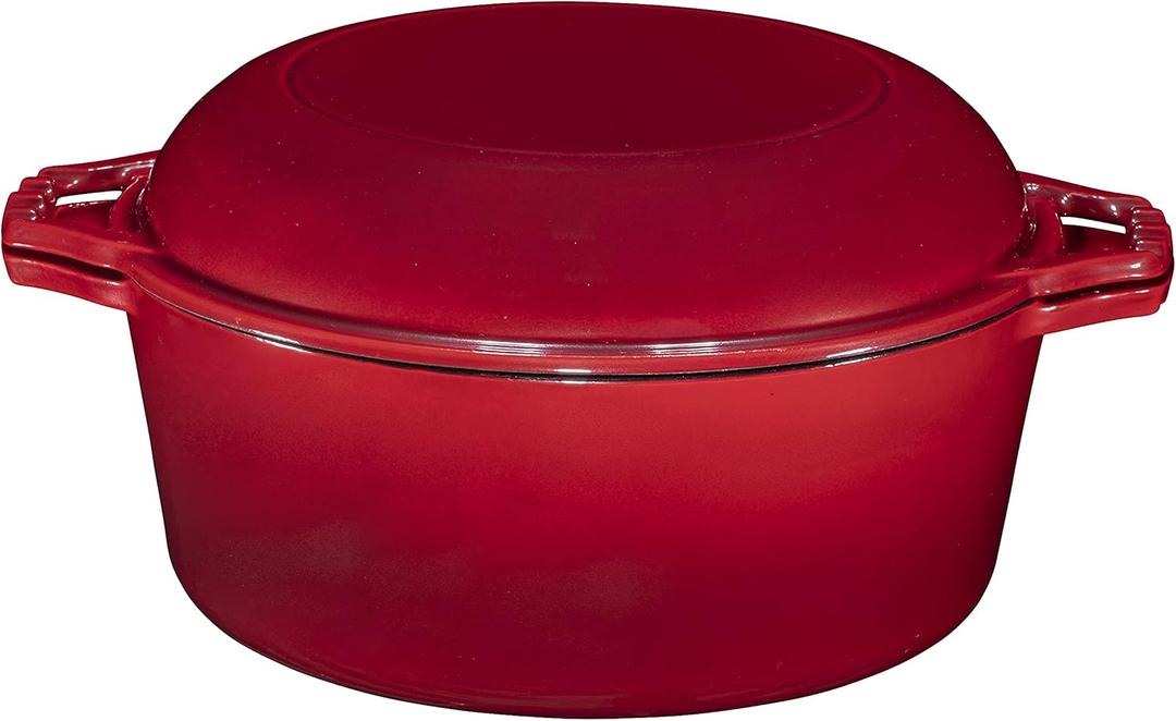 Bruntmor 2-in-1 Enameled Cast Iron Dutch Oven Pot With Handles - 7 Quart Cast Iron Skillet Lid - Oval Dutch Oven For Bread Baking, Braising, Stews and Casserole Dishes - Durable Cookware - Red (7 Qt)