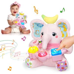 Ryotagift Baby Bilingual Musical Elephant Stuffed Animals Toys, Infant Early Learning Toy with Light-Up Music & Crinkle, Tummy Time Toys for 0 3 6 9 12+ Months for Baby Boy Girl Gift, Pink