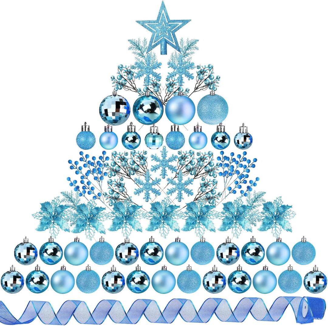 Sratte 94 Pcs Christmas Tree Decorations Set, Christmas Tree Ball Ornaments Glitter Poinsettia Flowers Decorations Glitter Berries Stems for Xmas Holiday Wedding(Blue)