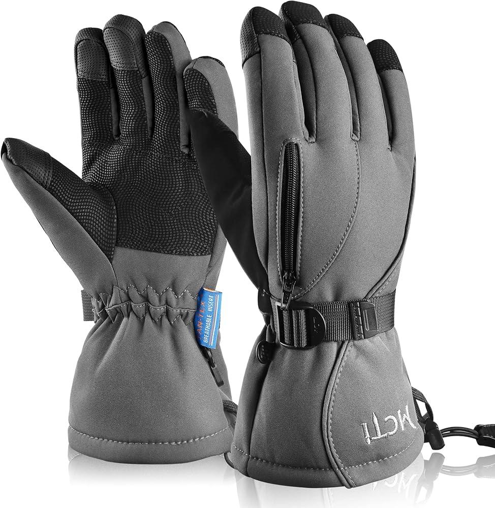 MCTi Waterproof Mens Ski Gloves Winter Warm 3M Thinsulate Snowboard Snowmobile Cold Weather Gloves Size medium, Grey