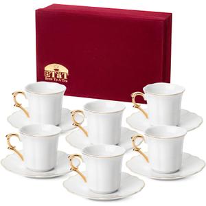 BTaT- Turkish Coffee Cup Set, 3 oz, 6 Pairs (12 pcs), Elegant White Cups & Saucers with Gold Trim & Gift Box, Small Porcelain Espresso Set for Serving Greek, Arabic & Turkish Coffee, Mothers Day Gift