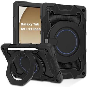 ROISKIN Case for Galaxy Tab A9 Plus 5G/ A9+ 11 Inch with HD Screen Protector & Shoulder Strap,Heavy Duty Military Case for Samsung Galaxy A9 Plus SM-X210/X216/X218 - Rotating Stand for Kids (Black)