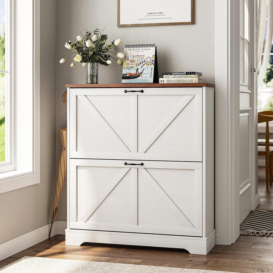 Smart FENDEE Shoe Cabinet, Shoe Storage Cabinet for Entryway with 2 Flip Drawers, Narrow Farmhouse Shoe Organizer Cabinet, Slim Shoe Rack Cabinet, White, Width - 31.5 inches