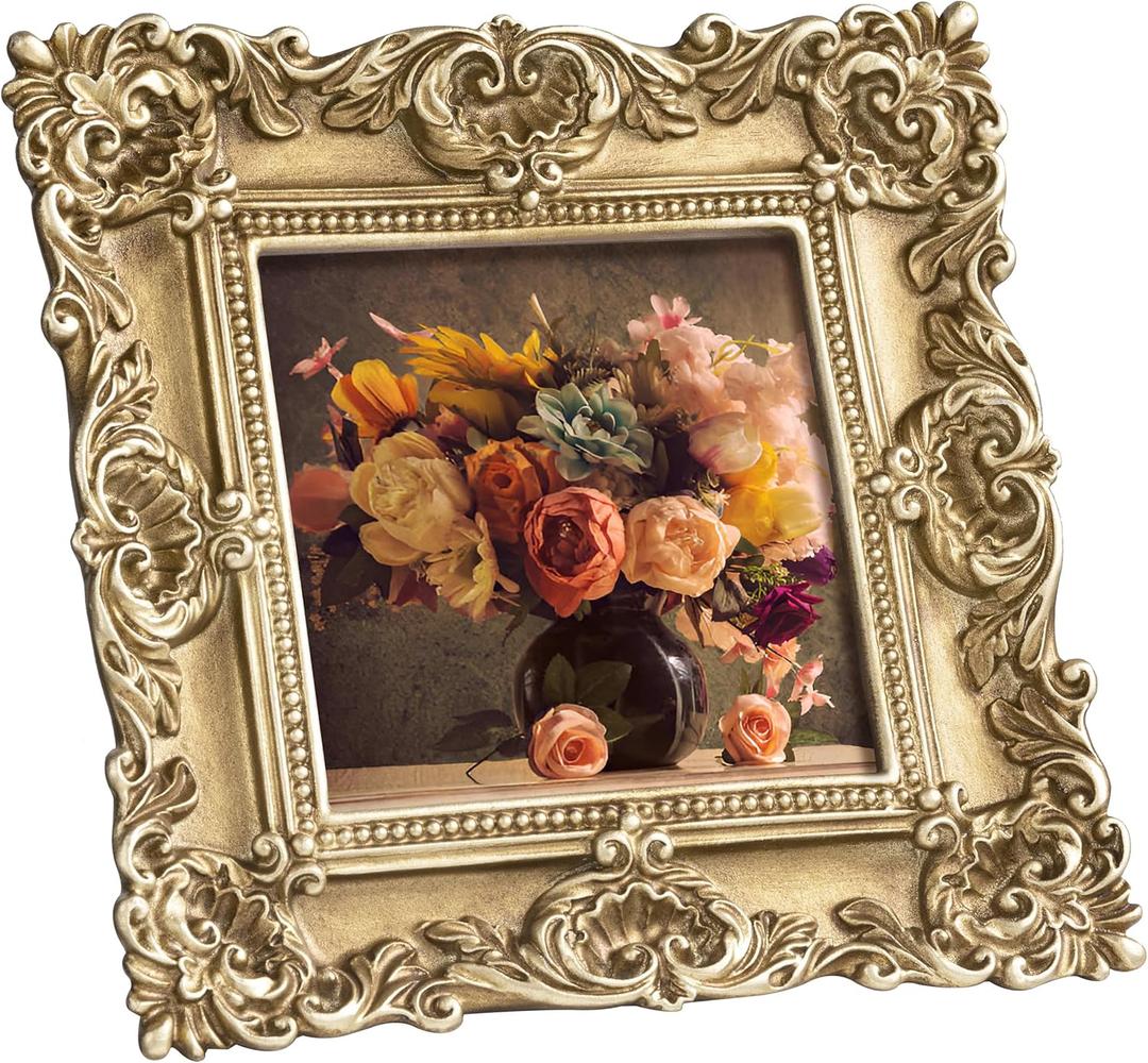 eletecpro 4x4 Vintage Picture Frame with Real Glass Cover, Ornate Antique Photo Frame, Display 4x4 Picture for Tabletop or Wall Hanging, Gold Home Decor for Gallery Art