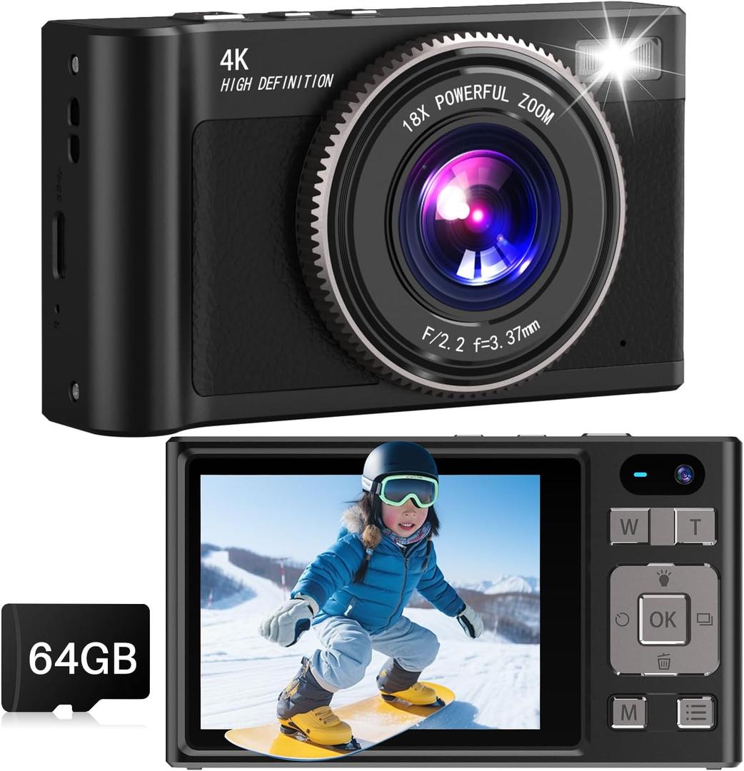 Digital Camera, 4K 64MP Autofocus UHD Dual Cameras with 64GB Micro SD Card 2.8'' IPS Sceen, 18X Digital Zoom Selfie Compact Point and Shoot Camera for Teens Beginner Adult, Black