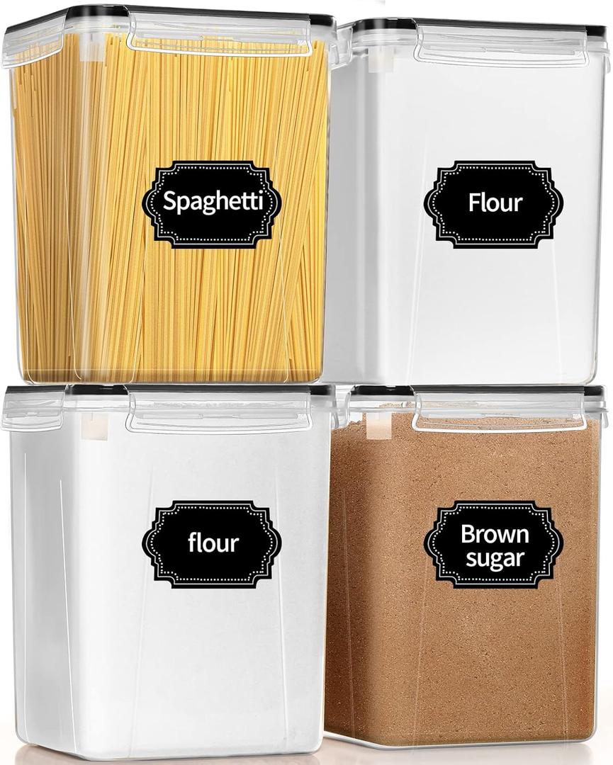 PRAKI Large Airtight Food Storage Containers 5.2L / 195oz, 4pcs Pantry Kitchen Organizers and Storage for Flour, Sugar, Baking Supplies, BPA Free, Plastic Flour Containers with 20 Labels & Maker (Black)