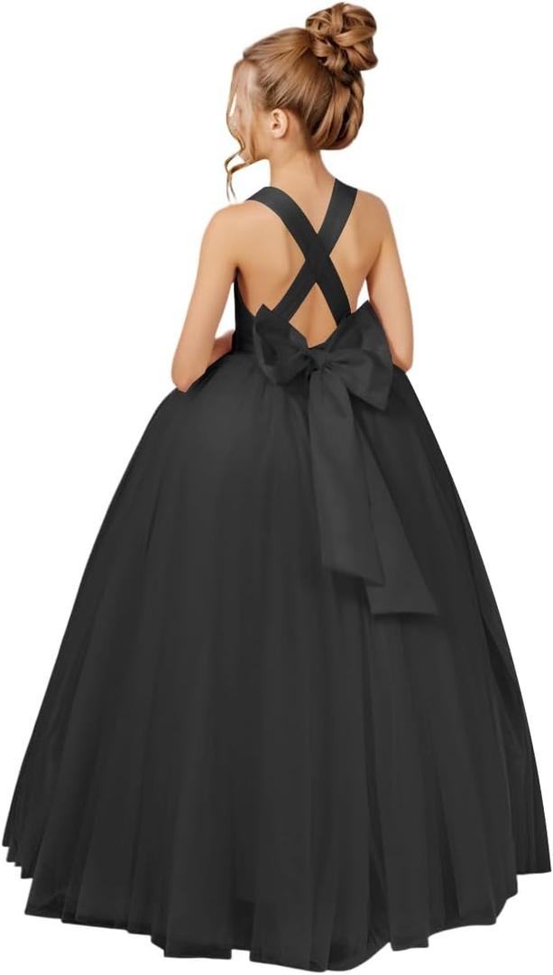 Crossed Straps Flower Girl Dress Satin Long Prom Dress with Bow Puffy Tulle Pageant Dresses for Girls (12, Black)