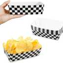 50 Packs Black and White Checkered Paper Food Trays - Rectangular, Grease Resistant, Disposable - Perfect for Race Car, Birthday Parties - 2lb Capacity Each