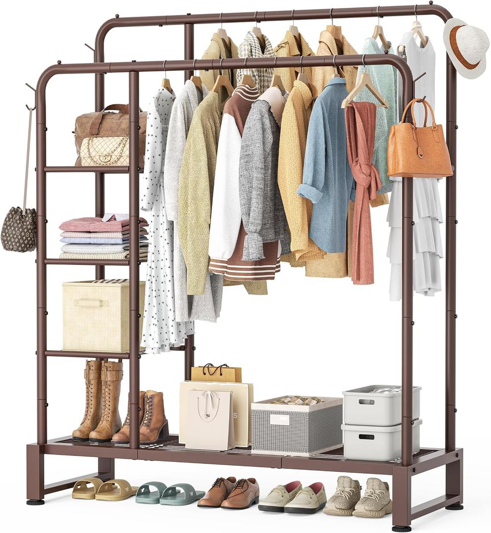Double Rods Clothes Rack Clothing Rack with 4 Tier Storage Shelves Clothes Rack for Hanging Clothes Multifunctional Heavy Duty Clothes Organizer with Hooks for Bedroom,Wardrobe Closet,Shop,Brown, 15.7"D x 45.3"W x 63"H