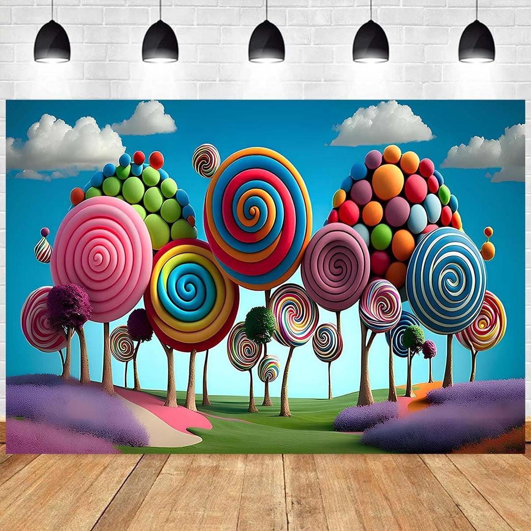 3D Candyland Birthday Background Cartoon Candy Lollipop Colorful Mountain Fantasy Wonderland Sweet Cute for Kids Girl 1st One Birthday Background Cake Table Vinyl Backdrop (Blue, 8x6feet)