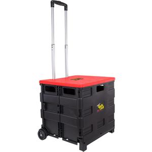 dbest Products Quik Cart Standard Collapsible Rolling Crate - Red Lid with Wheels, Roll Up to 80 lbs Capacity, Heavy Duty Plastic Construction, Telescoping Handle, Foldable Utility Car, Standard Red