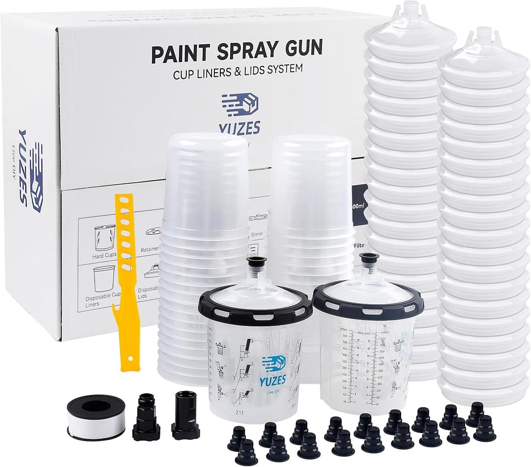 YUZES Disposable Paint Gun Cups 20 Ounce(600ML), 40 Disposable Paint Cups Liners and Lid, 2 Hard Cup with Retainer Ring, 20 Plugs, PTFE Tape, Stirrer, 2 Spray Gun Adapter, for Mix, Spray, Store Paint (20 oz 40-Pack Kit)