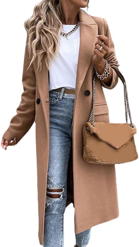 IDEALSANXUN Womens Long Wool Coats Fall Winter Notch Lapel Dressy Peacoat Jackets (Small, Camel)