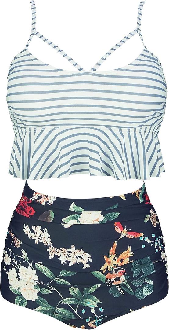 Women's Retro Boho Flounce Falbala High Waist Bikini Set Chic Swimsuit(FBA) (XX-Large)
