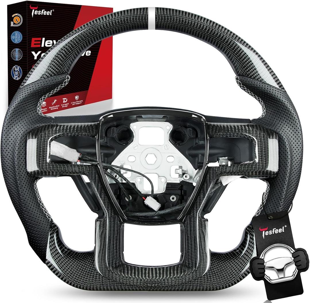 Real Carbon Fiber Steering Wheel Heated for F150 Raptor Gen 2 (2017-2020), D-Shape, Nappa Leather with White Stripe & Stitching, Matching Trim Piece, for Raptor with Paddle Shifters Models