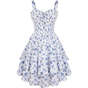 Scarlet Darkness Smocked Floral Sundresses for Women Teens 2026 Summer Flowy Ruffle Mini Dress, XL