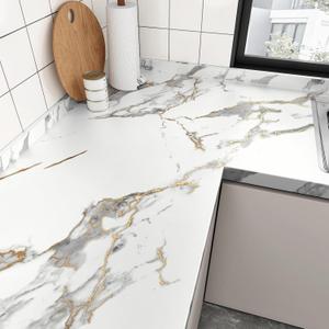 WESTICK Matte White Gold Marble Conatct Paper Self Adhesive Thick Marble Wallpaper Peel and Stick Countertops Waterproof Vinyl Countertop Contact Paper for Cabinets Table Kitchen Backspalsh 17.7"x80" (17.7" x 80", Gold/White)