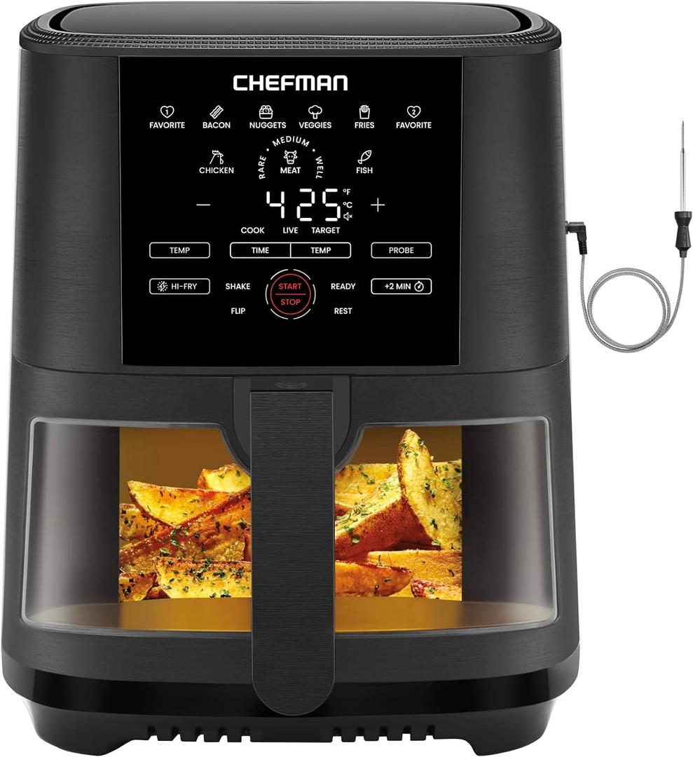 CHEFMAN 5-Quart Digital Air Fryer with Temperature Probe, 8 Customizable Cooking Presets, Large Easy-View Window, Give Your Food an Extra Crispy Finish, Nonstick Dishwasher-Safe Basket & Tray, Black (5 QT - Probe)