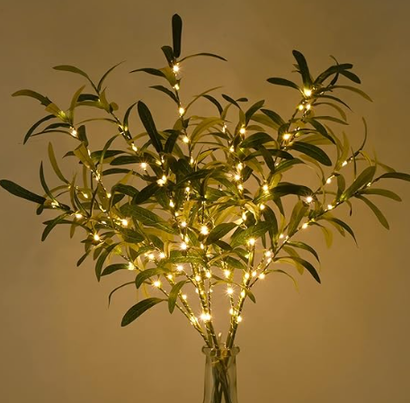 Waipfaru 5pcs 29'' Olive Branches for Vases with Battery Operated Lights, Lighted Olive Tree Branches with Timer, Artificial Greenery Stems Decor for Centerpieces Flower Arrangements Vases