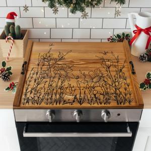 Wooden Noodle Board Stove Top Cover with Handles for Electric Stove 30" x 22" Pine Wooden Stoves Cover for Gas Burners Decorative Tray for Kitchen