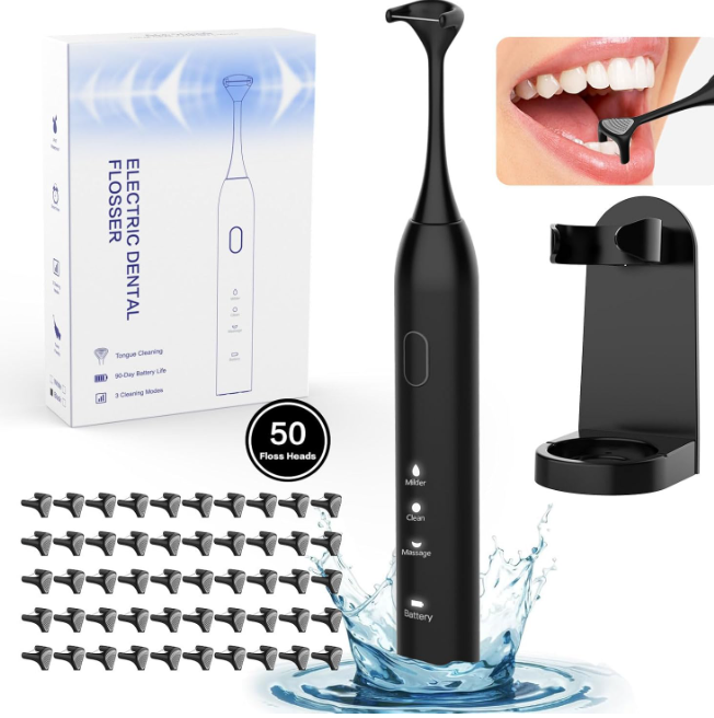 Voraiya Electric Flosser for Teeth Electric Flosser Dental Floss 3 Modes + 50 Replacement Heads Rechargable Ultrasonic Power Flossing for Teeth Adults & Kids