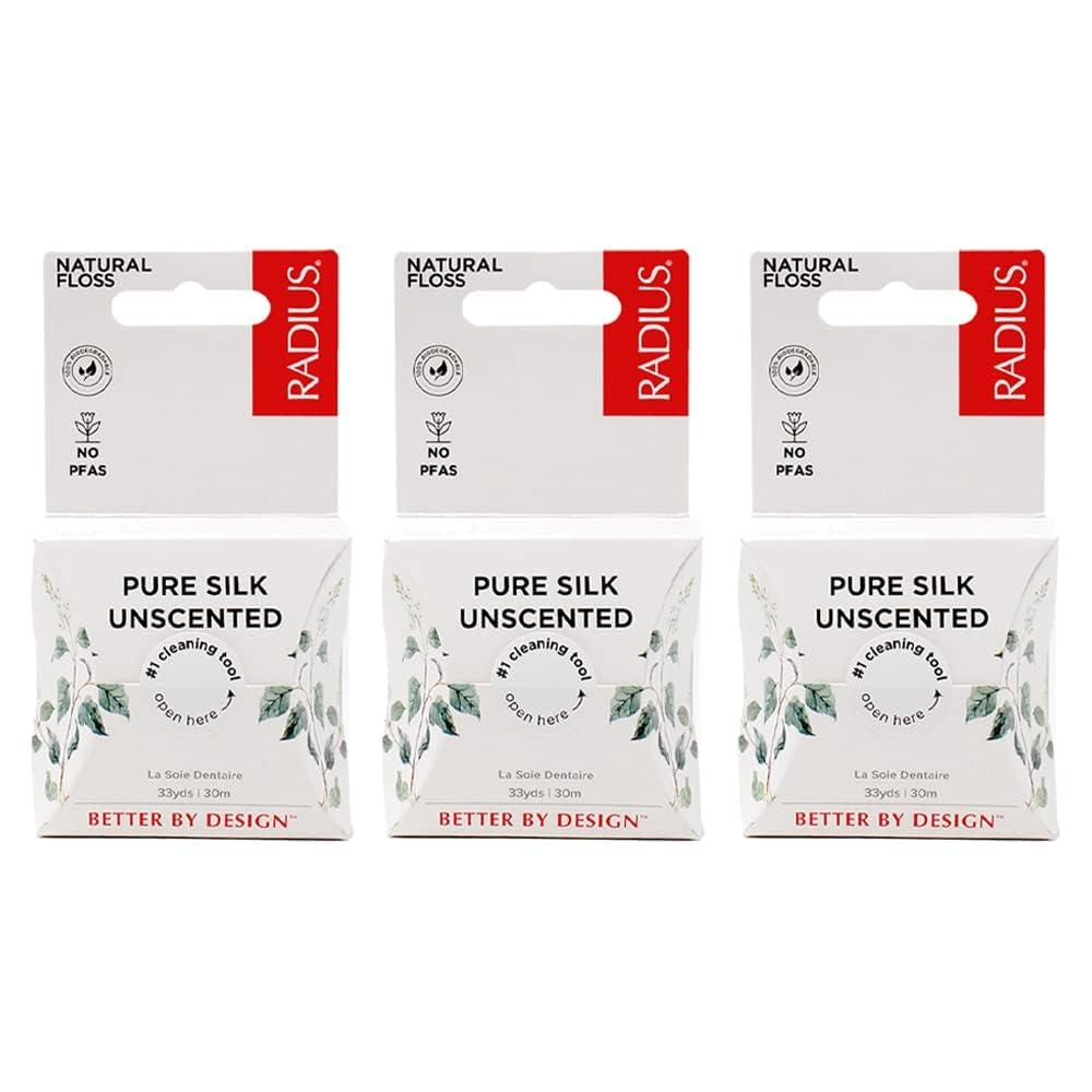 RADIUS Dental Floss, Natural Floss, Unscented Silk, 33 Yards, Compostable & Non-Toxic Oral Care Designed to Help Fight Plaque, Pack of 3