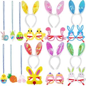 18 Pcs Easter Accessories Set Easter Party Favors - 6 Bunny Ear Headbands, 6 Glitter Necklaces, 6 Glasses for Kids Easter Egg Hunt, Party Favors, Photo Props