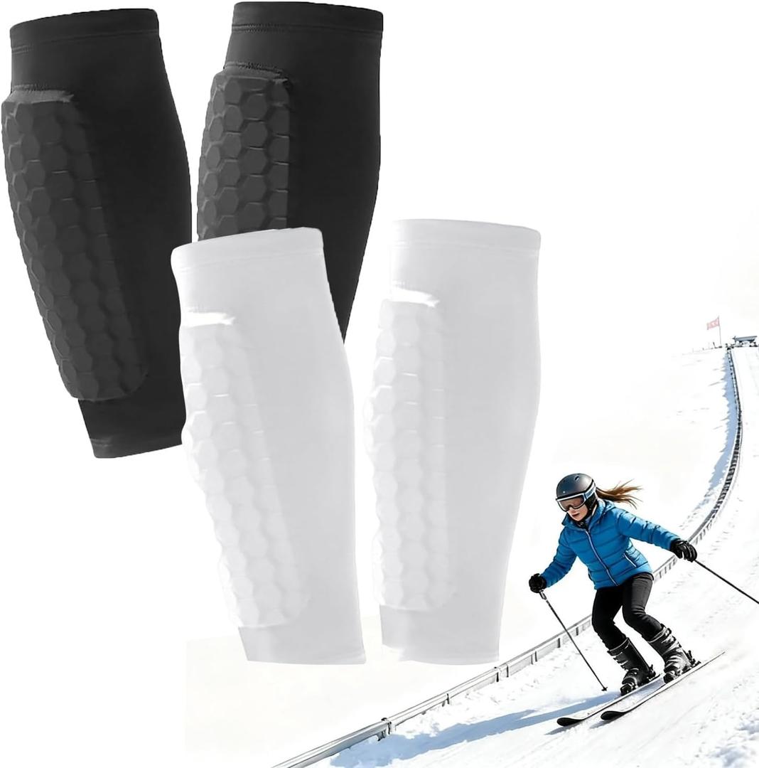 2 Pairs Ski Shin Guards, Soccer Shin Guards Pads for Kids Youth Adult Calf Compression Sleeve with Honeycomb Pads Lightweight Calf Protective Gear for Soccer &Ski Shin Pads Gear for Boys, Girls (Large, Black+White)