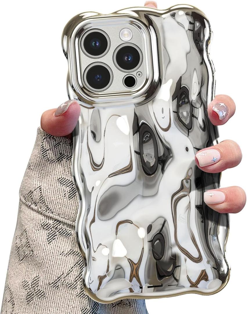 UEEBAI Ripple Case for iPhone 15 Pro Max, Cute Silver Cover Wave Shape for iPhone Case Pretty Aesthetic 3D Phone Cover, Water Ripple Shell 3D Chrome Design for Women and Girl, Silver
