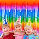 4 Pack 3.2Ft x 8.2Ft Rainbow Foil Fringe Curtain Backdrop, Metallic Tinsel Foil Fringe Streamers Curtains Background for Photo Booth, Birthday, Wedding, Disco, Bachelorette, Christmas Party Decoration (Macaron Dark Rainbow)