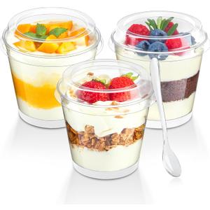 Qeirudu 50 Pack 6 oz Mini Dessert Cups with High Lids and Spoons, Small Plastic Cake Cups Round Shooter Cups for Serving Parfait Appetizer Pudding Fruit Ice Creams